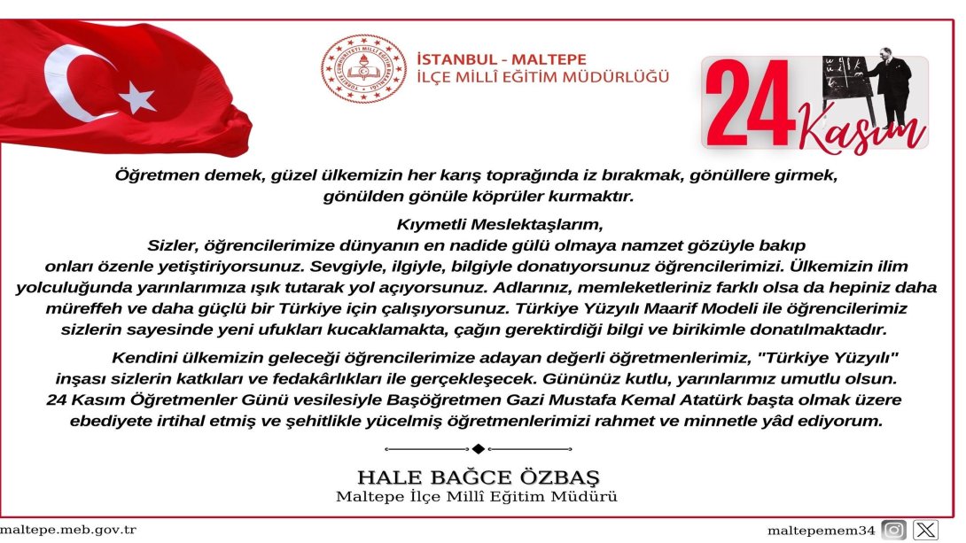 Millî Eğitim Müdürümüz Hale BAĞCE ÖZBAŞ'ın 24 Kasım Öğretmenler Günü Mesajı